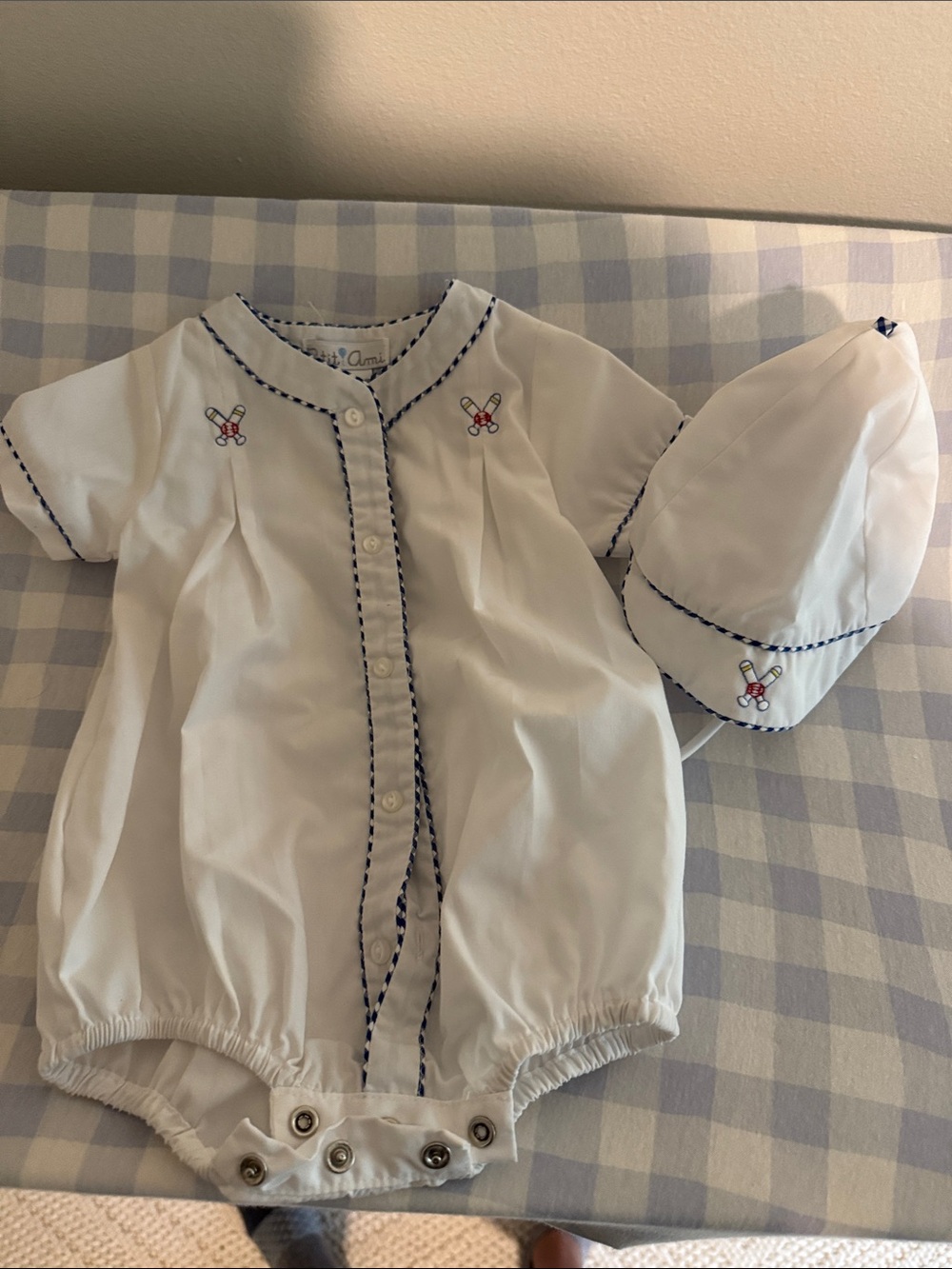 White Baby bubble with Navy Trim and Matching Hat baseball embroidery